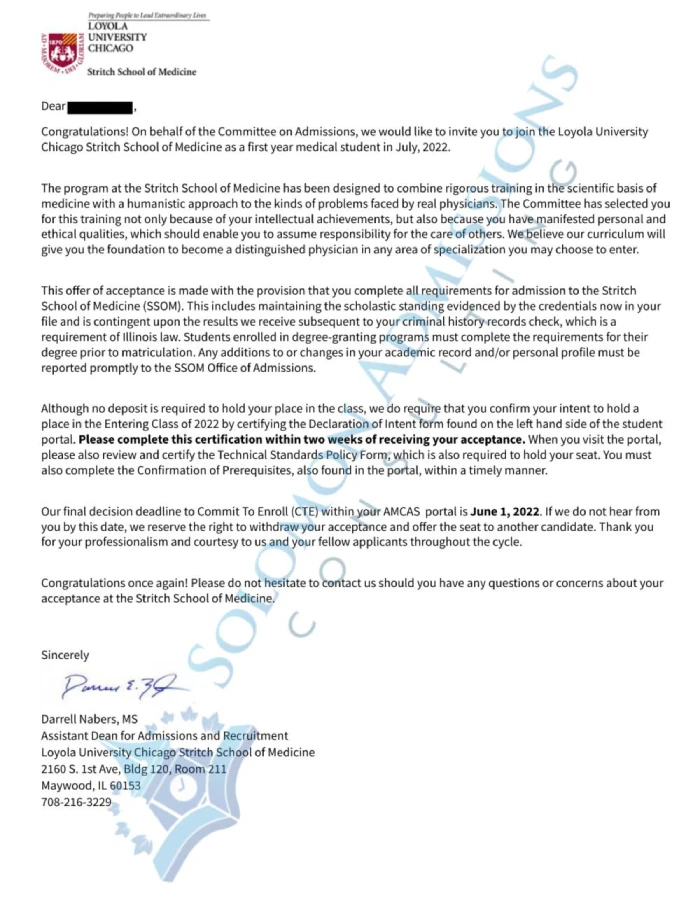 Loyola Stritch School of Medicine Admission Letter 2021