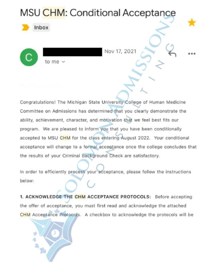 Michigan State College of Human Medicine Admission Letter 2021