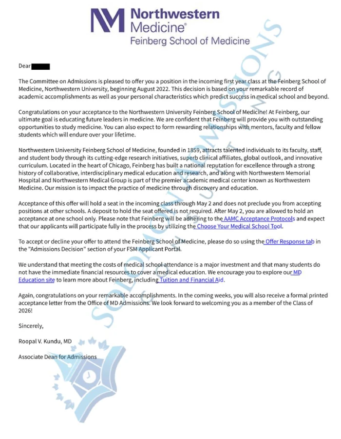Northwestern Feinberg School of Medicine Admission Letter 2021