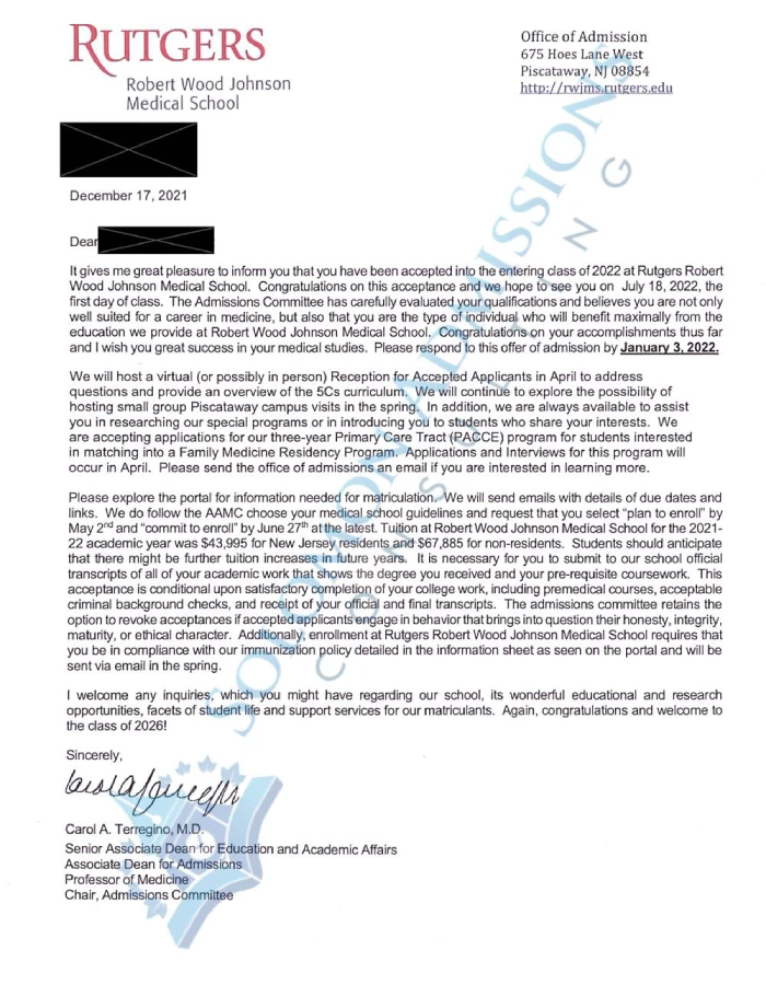 Rutgers Robert Wood Johnson Medical School Admission Letter 2021