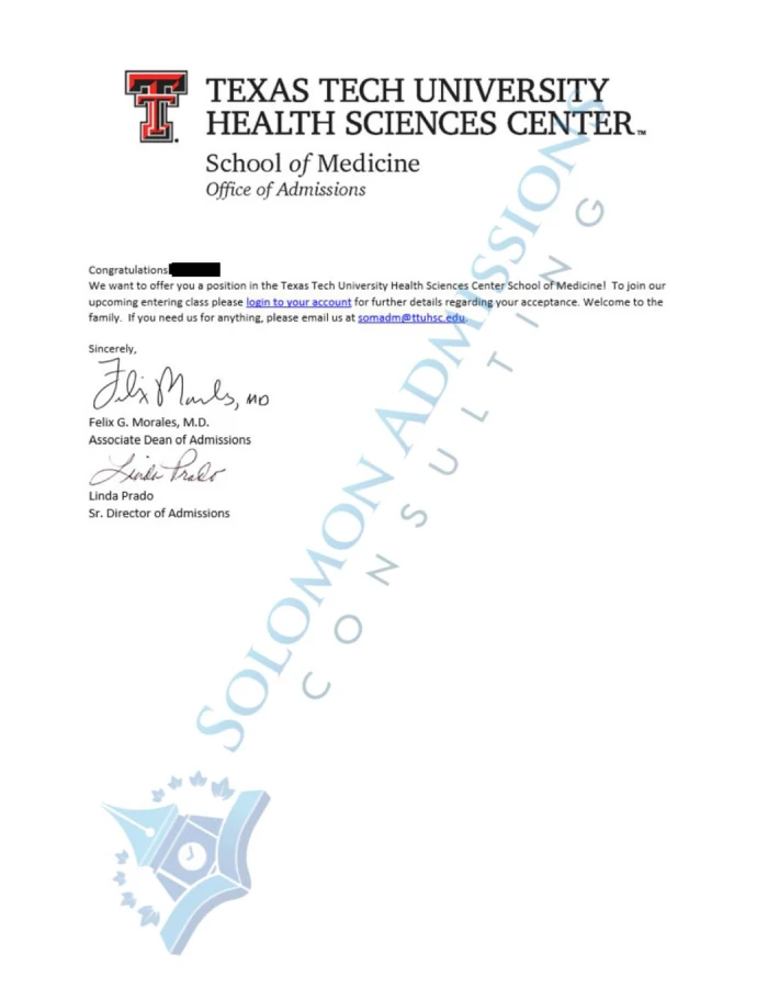 Texas Tech School of Medicine Admission Letter 2021