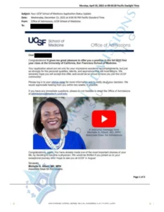 UCSF School of Medicine Admission Letter 2021