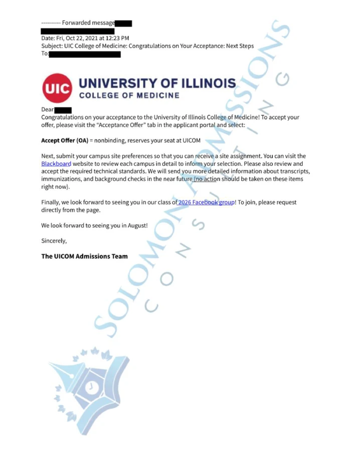 University of Illinois College of Medicine Admission Letter 2021