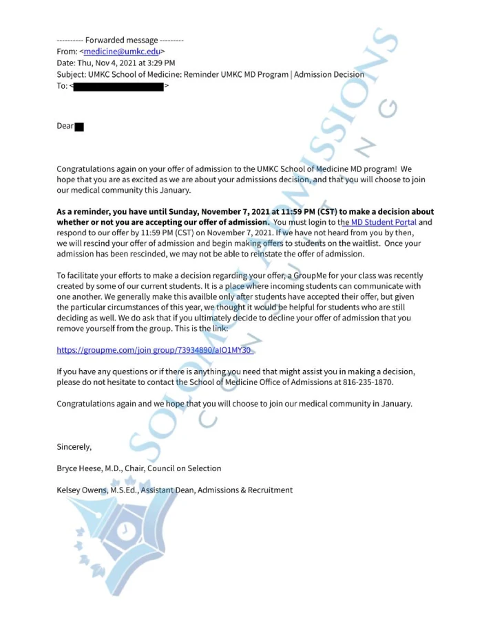University of Missouri School of Medicine Admission Letter 2021