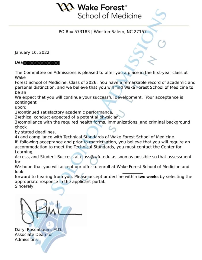 Wake Forest School of Medicine Admission Letter 2021