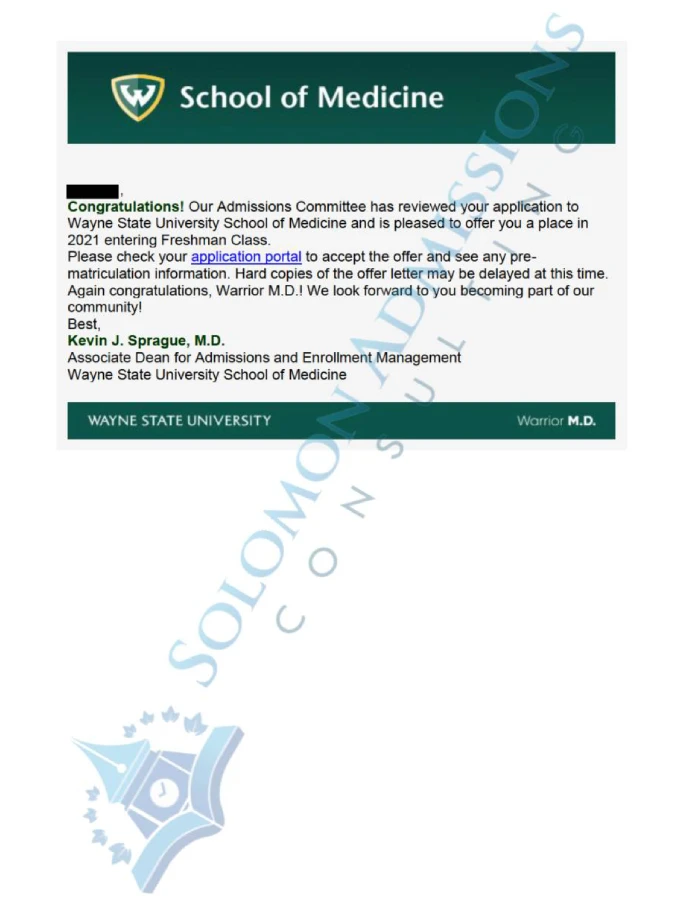 Wayne State School of Medicine Admission Letter 2021