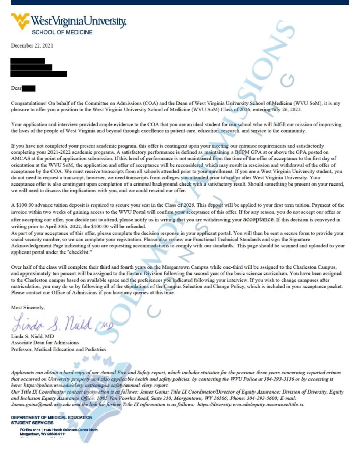 West Virginia University School of Medicine Admission Letter 2021