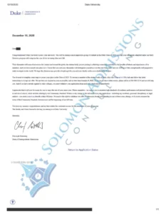 Duke University Admission Letter 2022