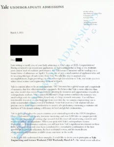 Yale University Admission Letter 2022