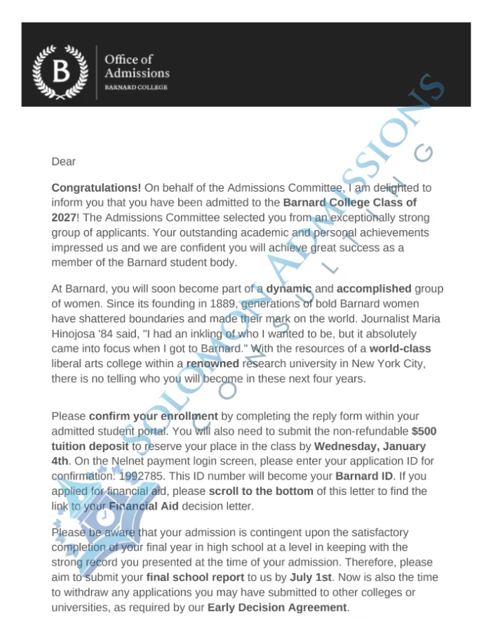 Barnard College Admission Letter 2023