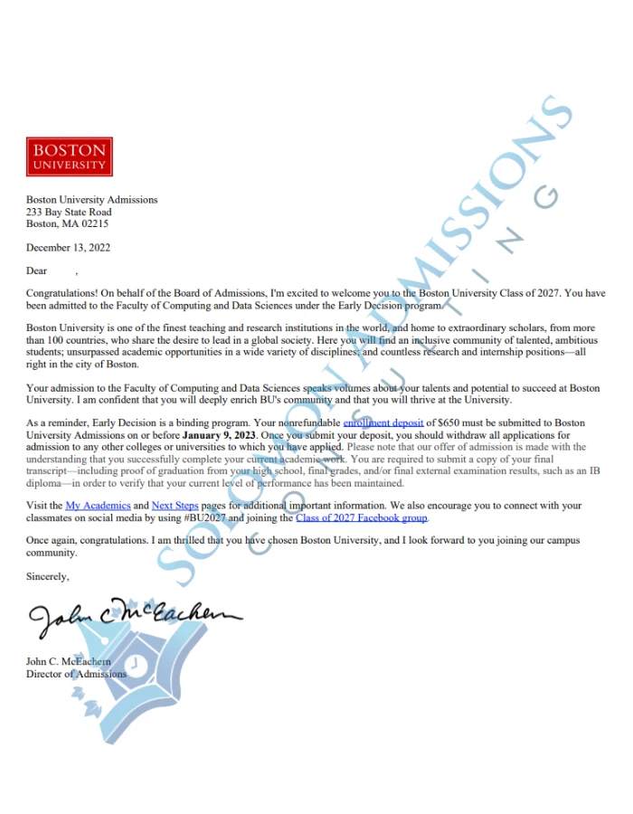 Boston University Admission Letter 2023