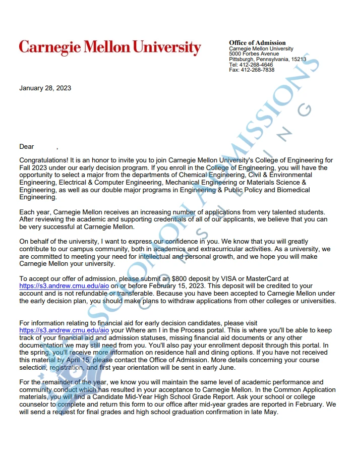 Carnegie Mellon University Admission Letter 2023