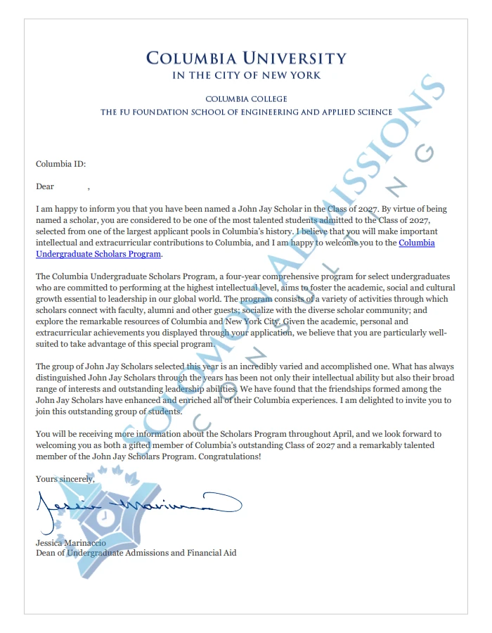 Columbia University Admission Letter 2023
