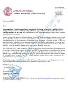 Cornell University Admission Letter 2023