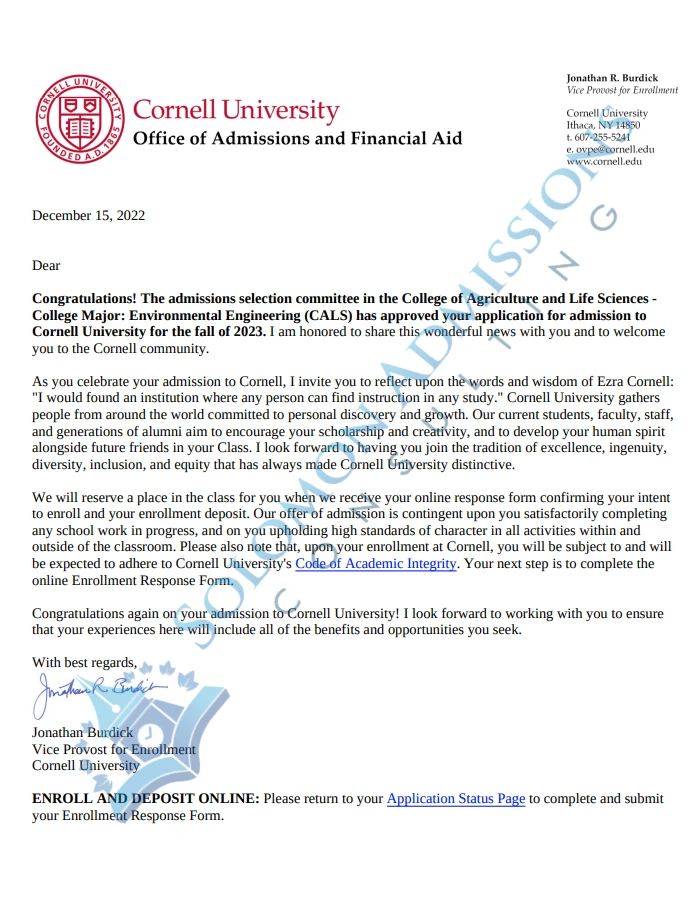 Cornell University Admission Letter 2023