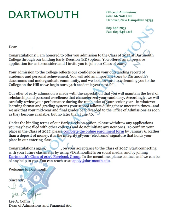 Dartmouth College Admission Letter 2023