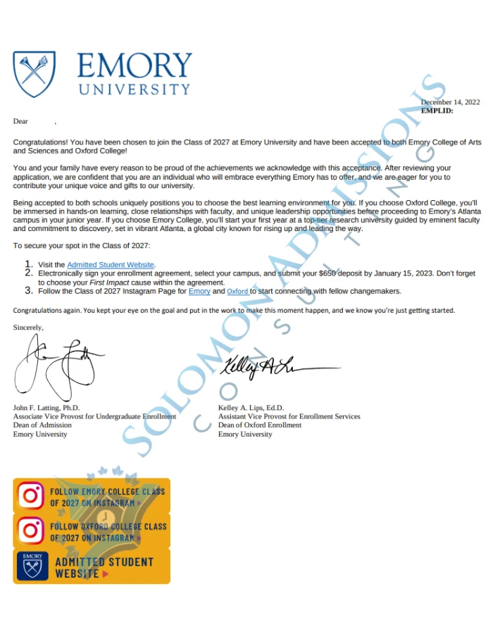 Emory University Admission Letter 2023