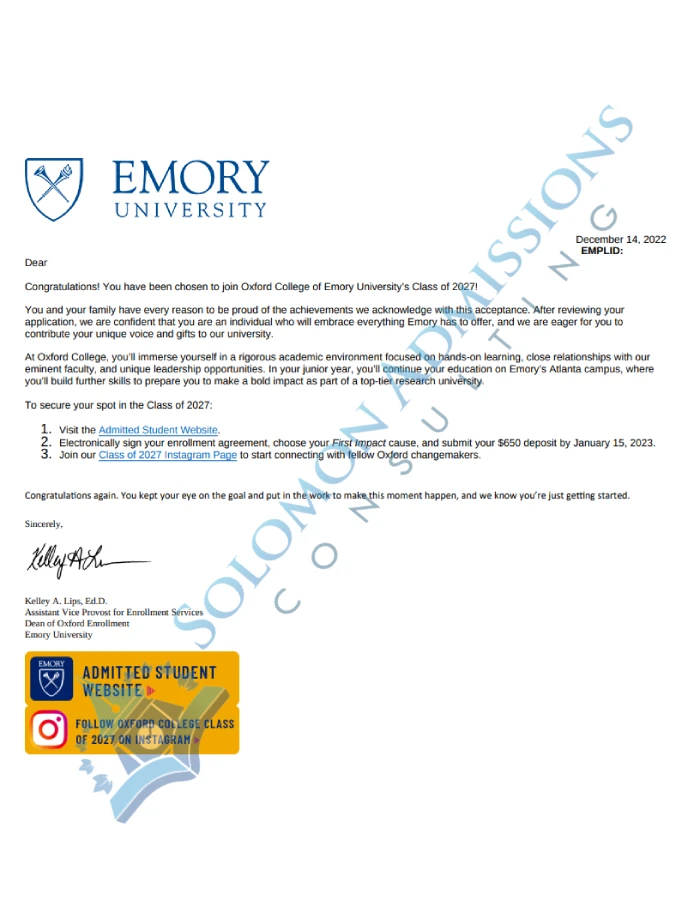 Emory University Admission Letter 2023