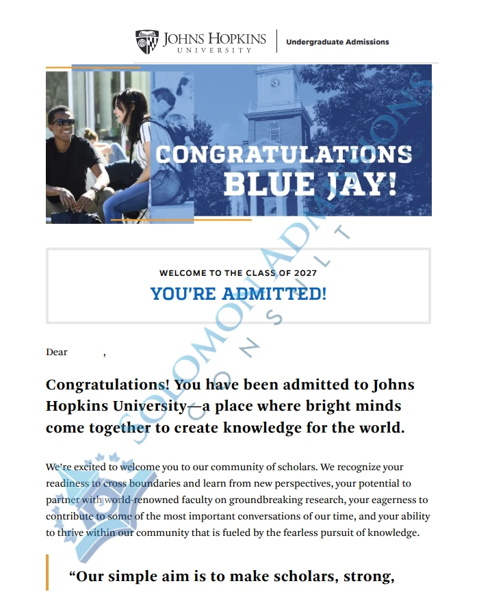 Johns Hopkins University Admission Letter 2023