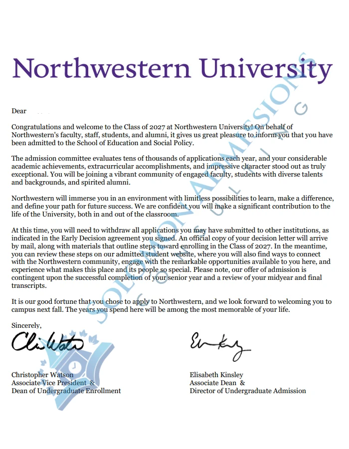 Northwestern University Admission Letter 2023