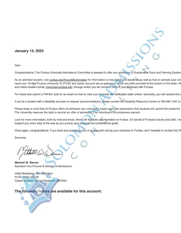 Purdue University Admission Letter 2023