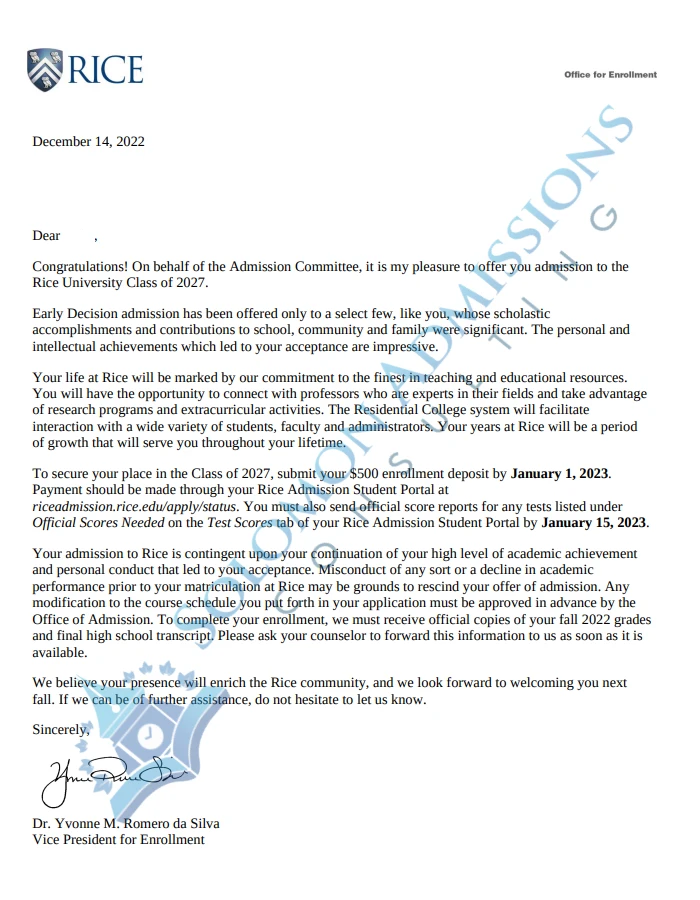 Rice University Admission Letter 2023