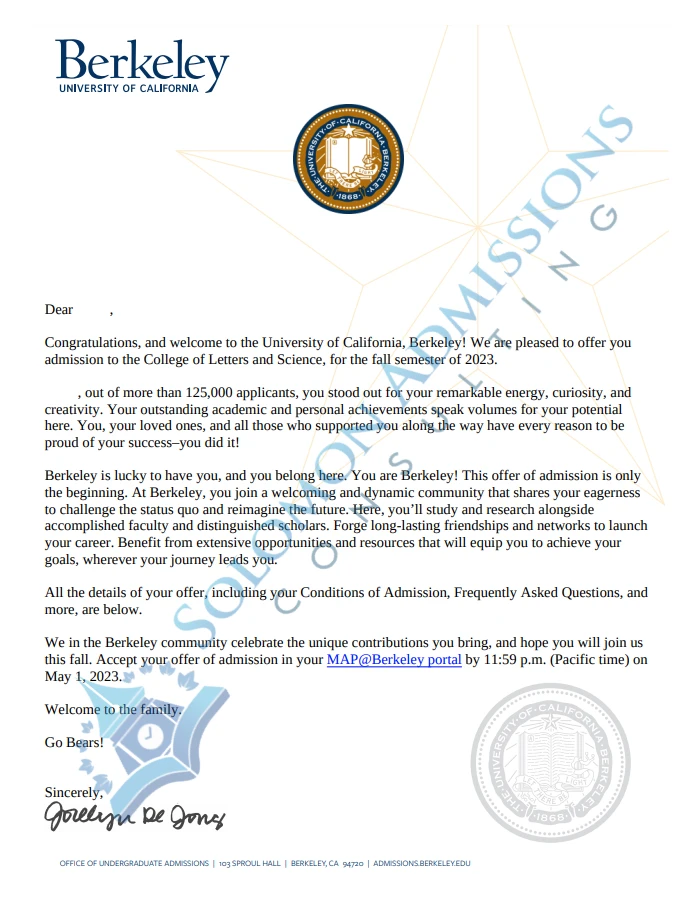 UC Berkeley Admission Letter 2023