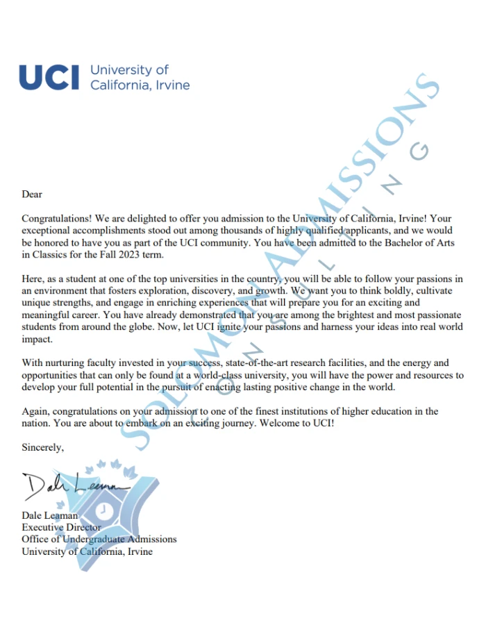 UC Irvine Admission Letter 2023
