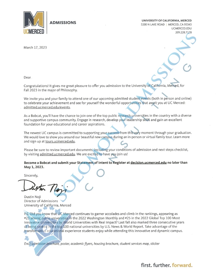 UC Merced Admission Letter 2023