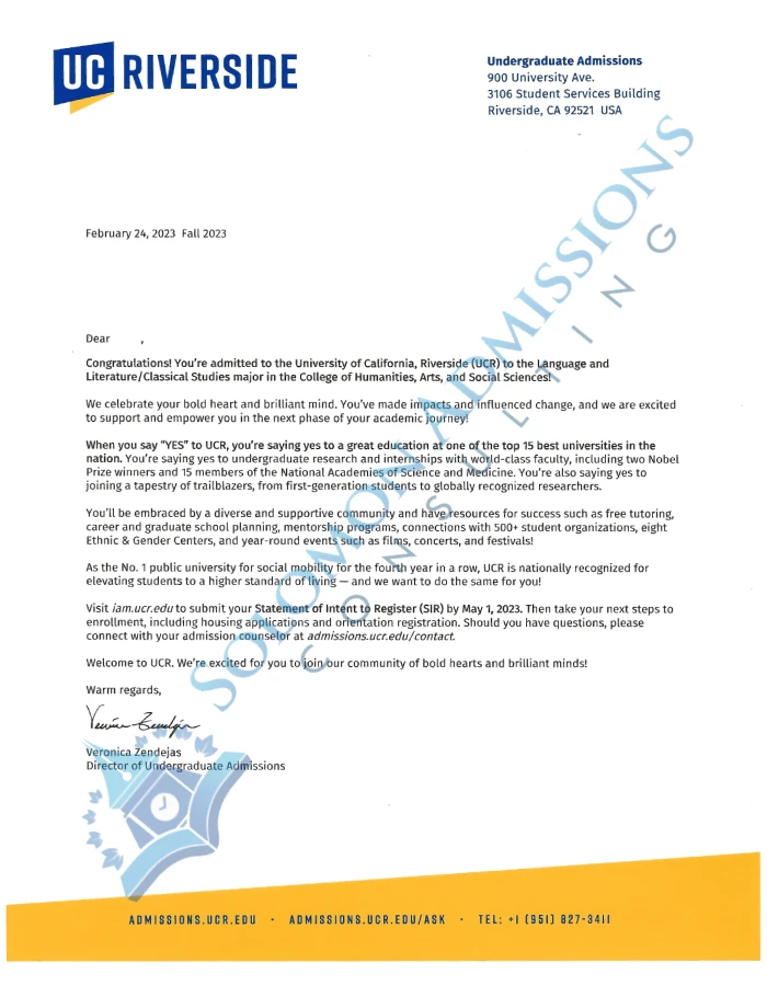 UC Riverside Admission Letter 2023