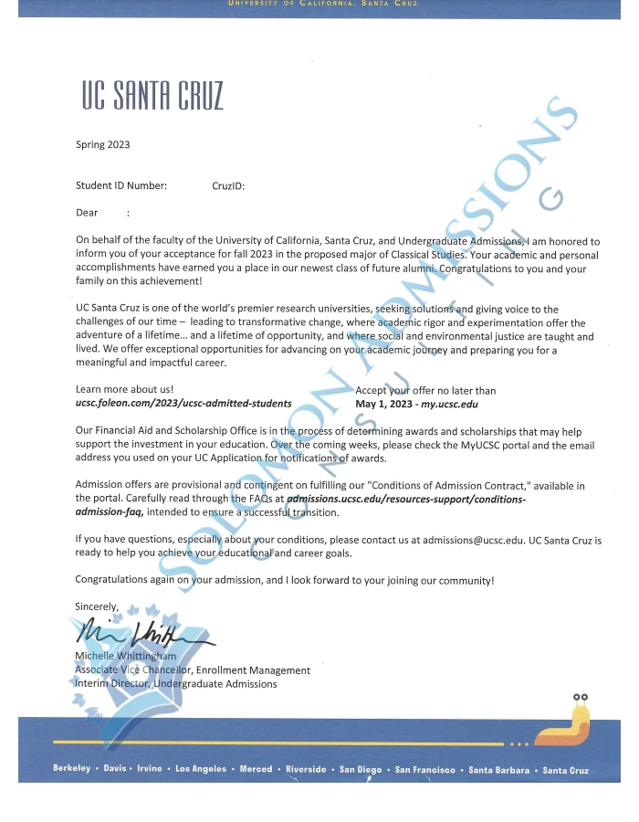 UC Santa Cruz Admission Letter 2023
