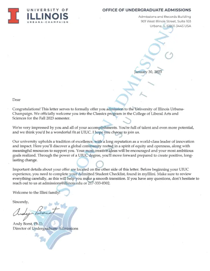 University of Illinois at Urbana-Champaign Admission Letter 2023