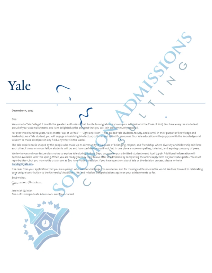 Yale University Admission Letter 2023