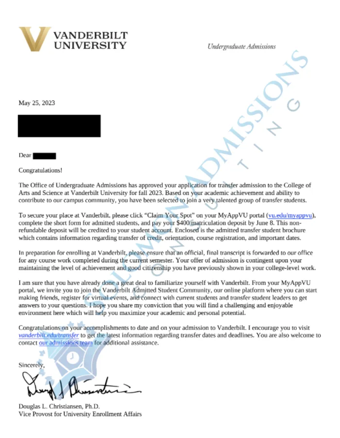 Vanderbilt University Admission Letter 2023