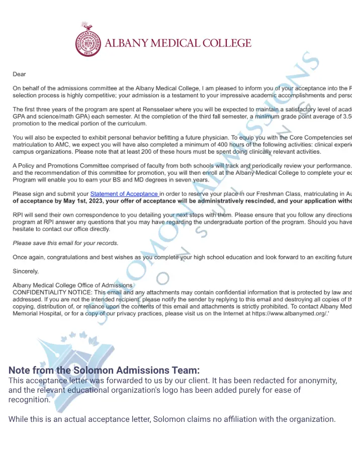 Albany Medical College Admission Letter 2022