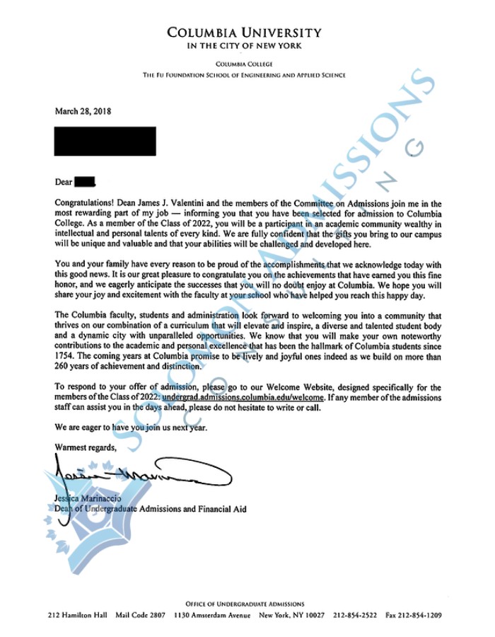 Columbia University Admission Letter 2018