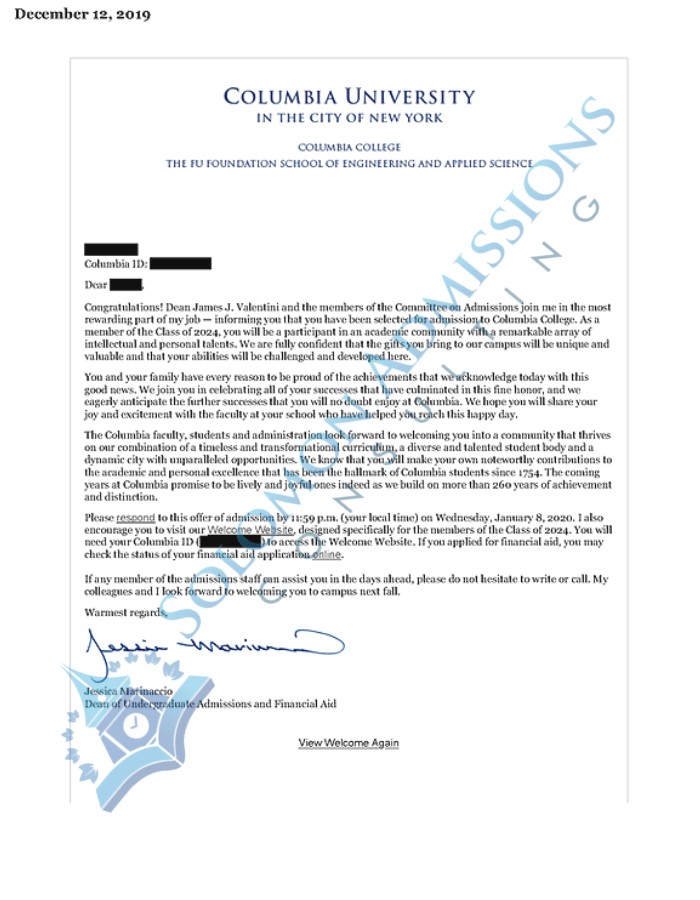 Columbia University Admission Letter 2020
