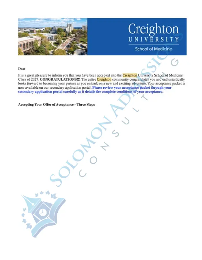 Creighton University School of Medicine Admission Letter 2022