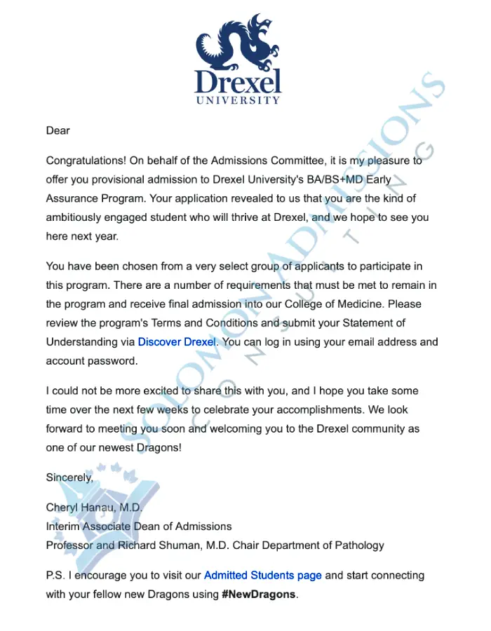 Drexel University BA-BS-MD Admission Letter 2022