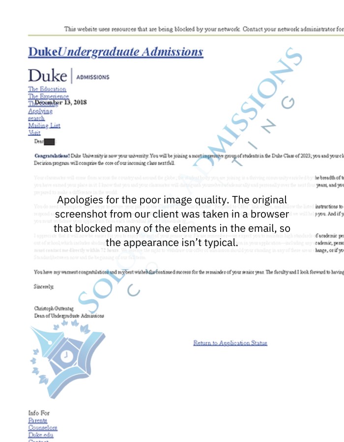 Duke University Admission Letter 2019