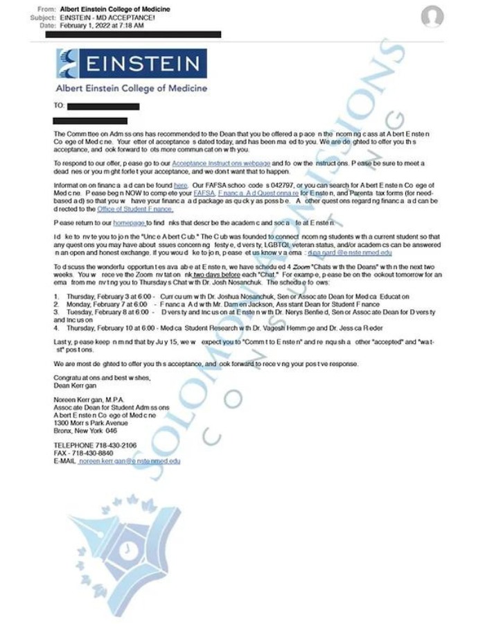 Einstein College of Medicine Admission Letter 2021