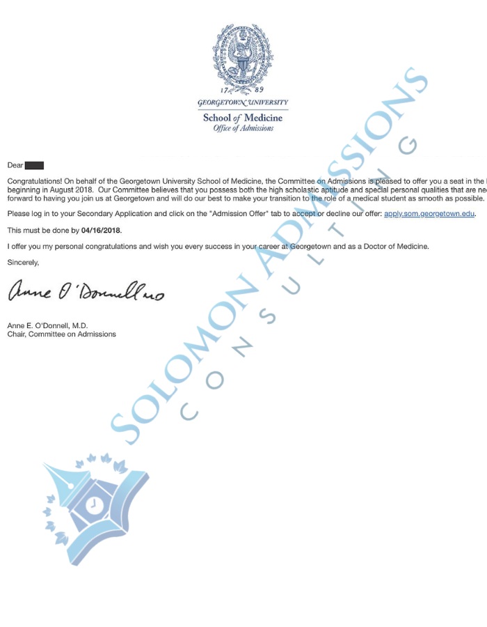 Georgetown School of Medicine Admission Letter 2018