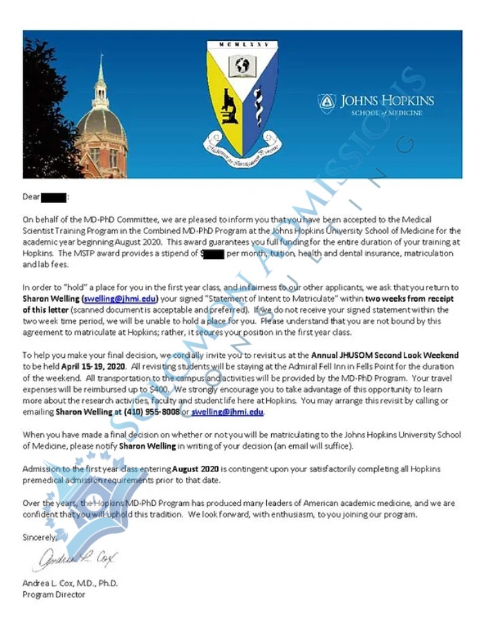 Johns Hopkins University School of Medicine Admission Letter 2020