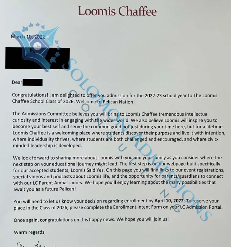 The Loomis Chaffee School Admission Letter