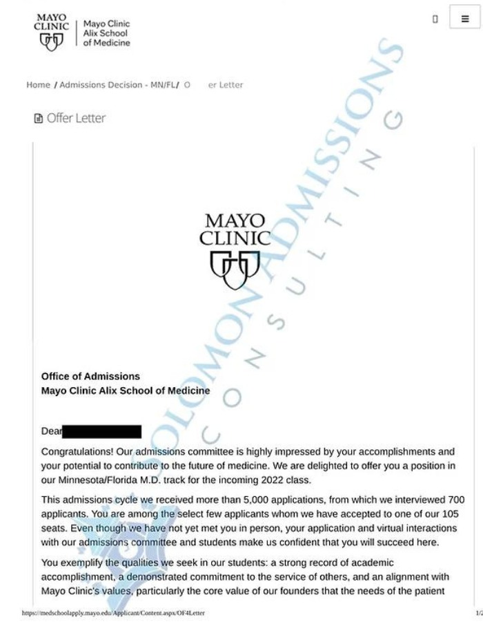 Mayo Clinic School of Medicine Admission Letter 2021