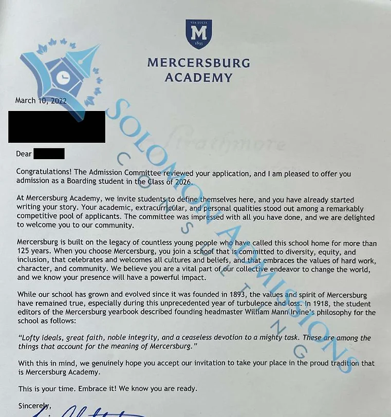 Mercersburg Academy Admission Letter