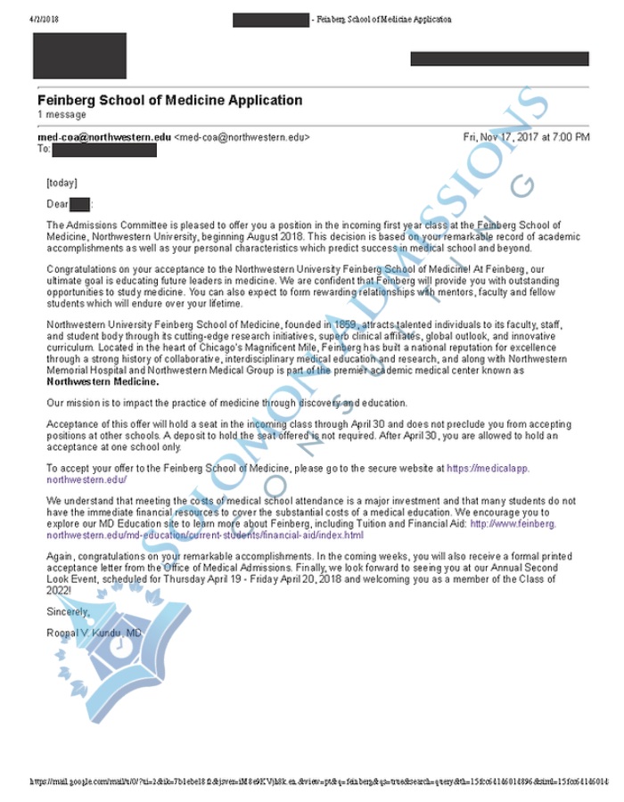 NWU Feinberg School of Medicine Admission Letter 2018