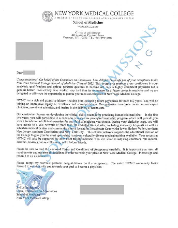 New York Medical College Admission Letter 2018