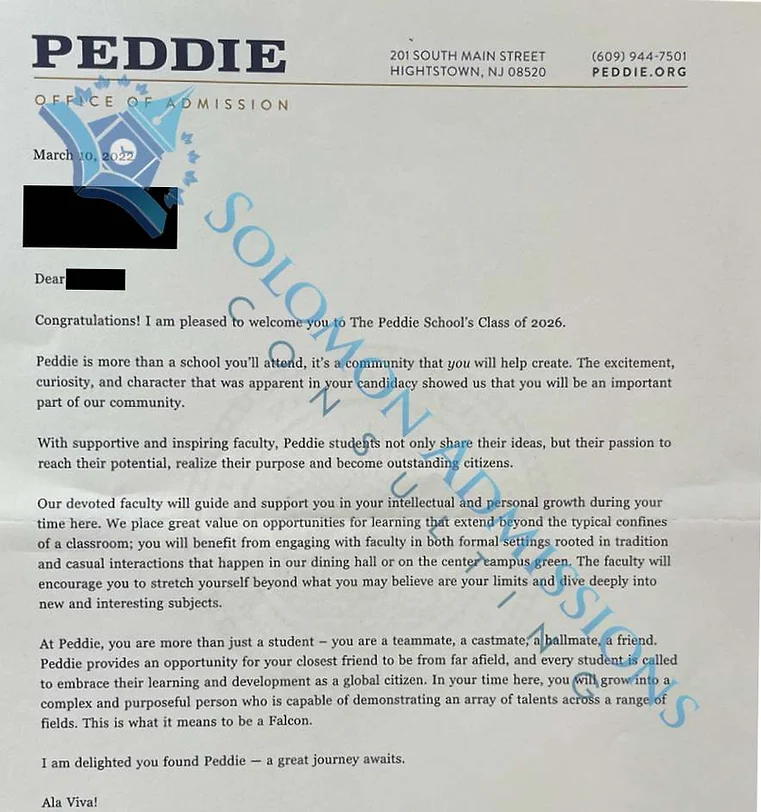 The Peddie School Admission Letter