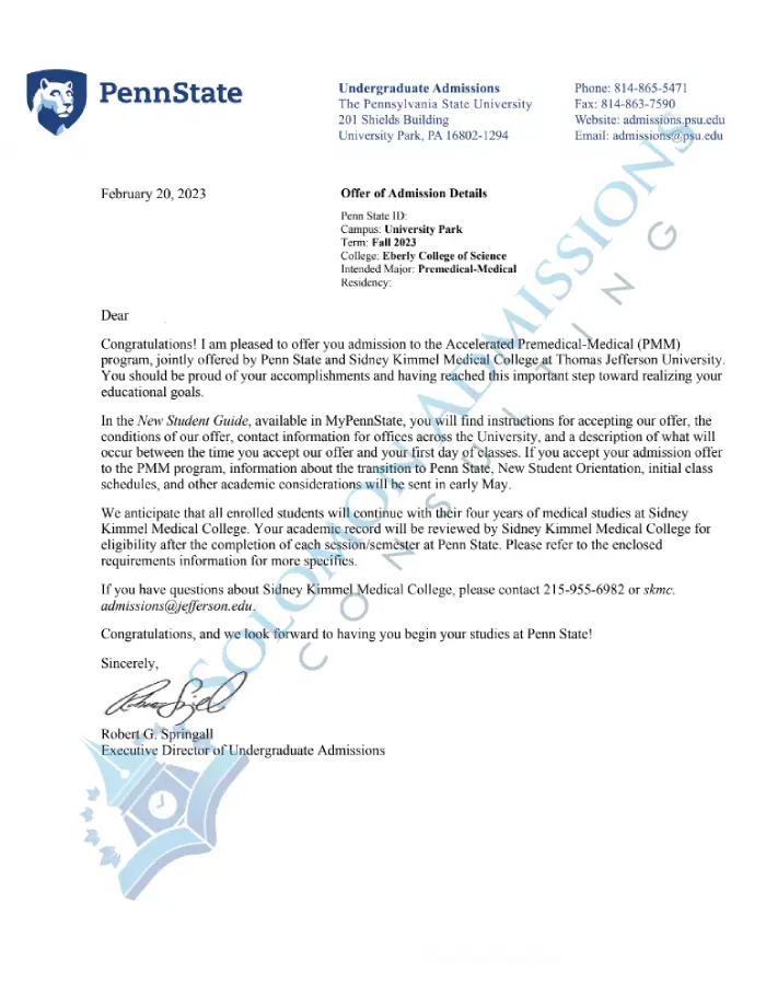 Penn State Premed Admission Letter 2022